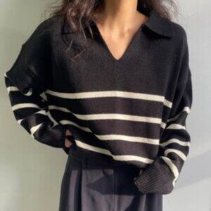 OAK + FORT Striped Collared Sweater Black Knit cropped m medium